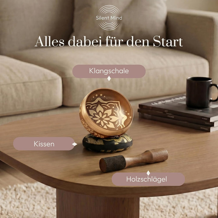 Silent Mind Klangschale Ø10cm Bronze – Handgefertigtes Komplett-Set mit Kissen und Klöppel, für Anfä