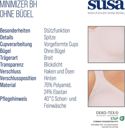 SUSA BH ohne Bügel I Minimizer BH mit seitlich am Cup angebrachter Spitze I Bügelloser BH mit breite