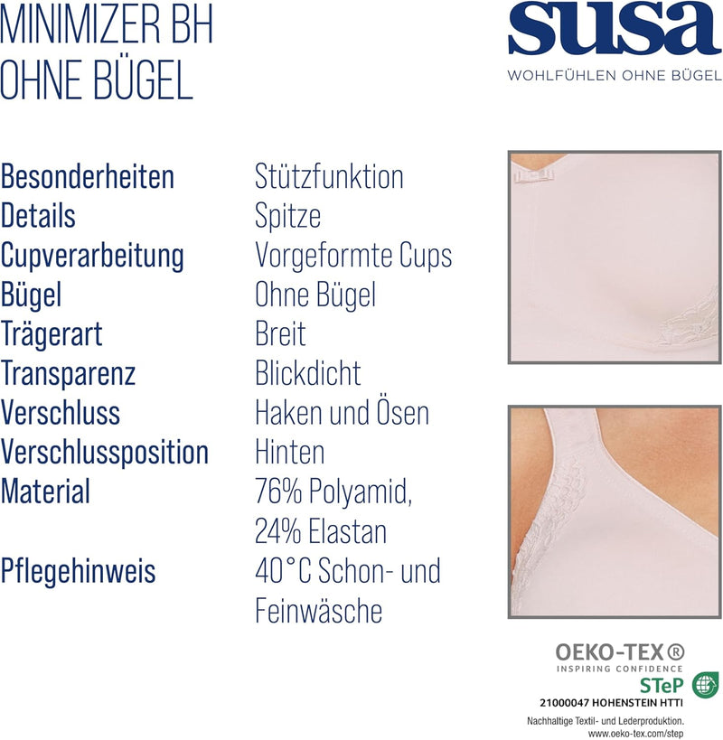 SUSA BH ohne Bügel I Minimizer BH mit seitlich am Cup angebrachter Spitze I Bügelloser BH mit breite