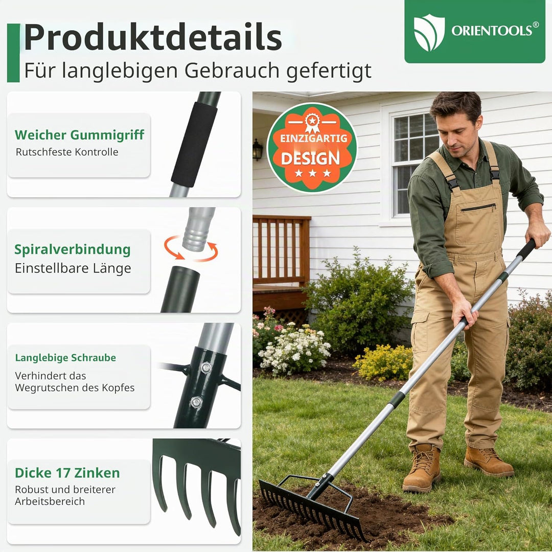 ORIENTOOLS Gartenrechen, schwere Ausführung, 44 cm Breite, 160 cm Stiellänge, 1,7 kg für Boden locke