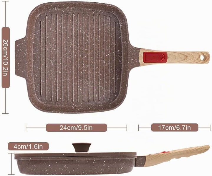 Grillpfanne Induktion mit Deckel 26 x 24 cm, Antihaft Keramikbeschichtung Grill Pfanne mit Abnehmbar