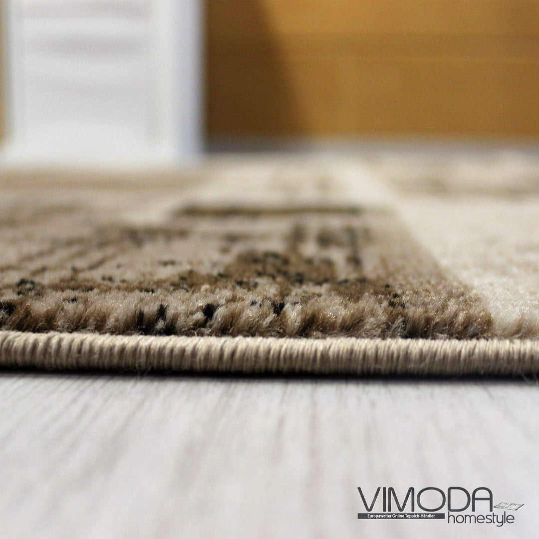 VIMODA Teppich Kurzflor Modern Kariert Retro geometrisches Muster Meliert Braun Beige für Wohnzimmer