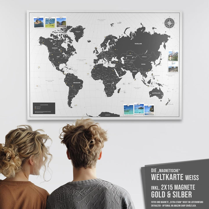 Vacentures Magnetische Pinnwand Weltkarte White inkl. 2 x 15 magnetische Pins I Markiere Deine Reise