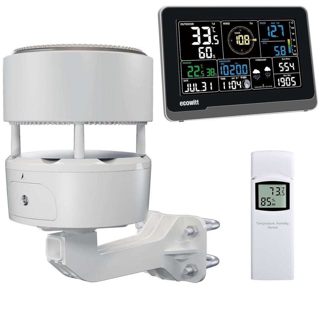 ECOWITT Funk-Wetterstation WS3902 mit 7,5 Zoll LCD-Display, Garten-Wetter-Sensor WS85 (Solarpanel/Re