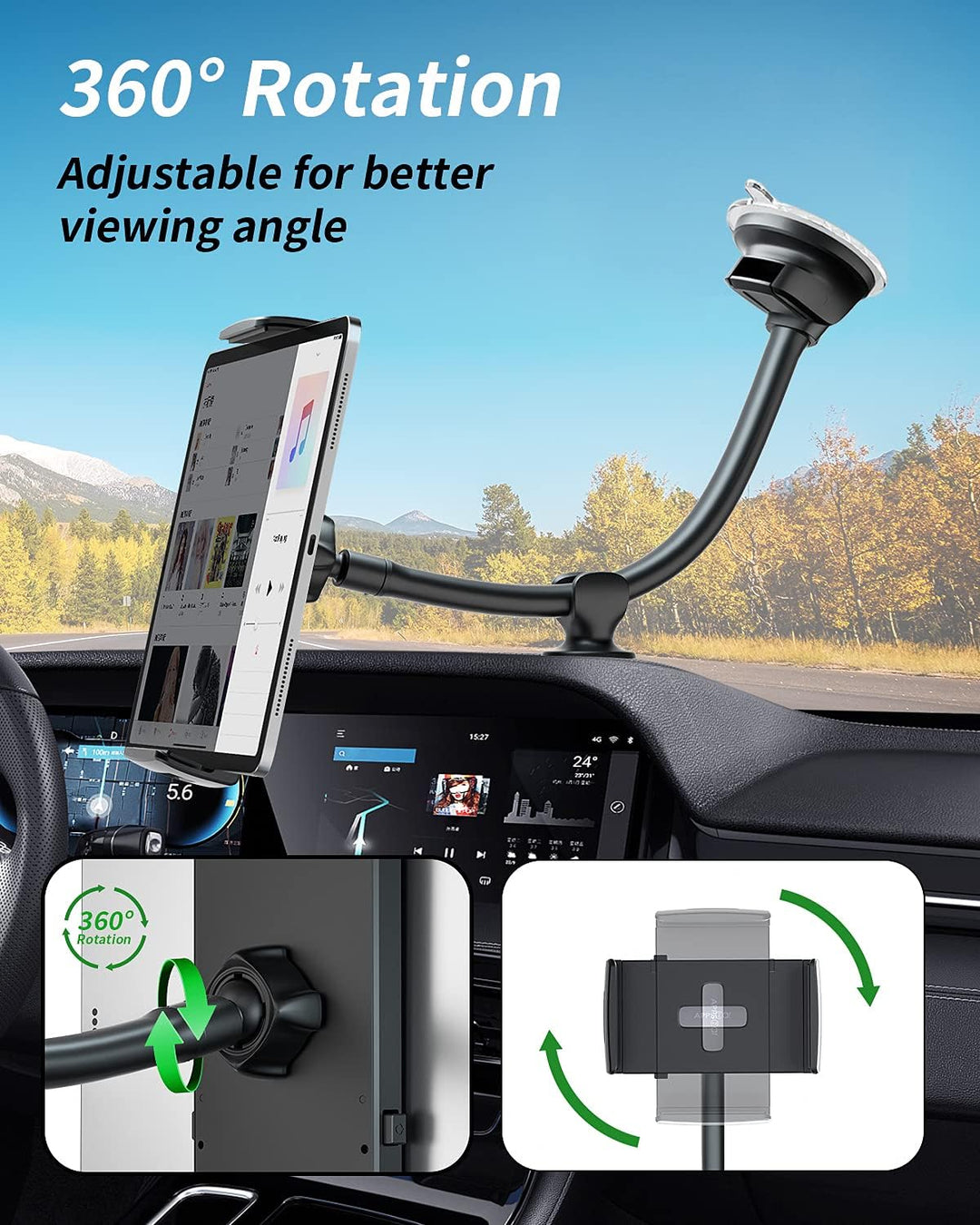 ICARMOUNT Tablet Halterung Auto mit Saugnapf, iPad Halterung 7–12,4 Zoll | Flexibler 13"-Schwanenhal