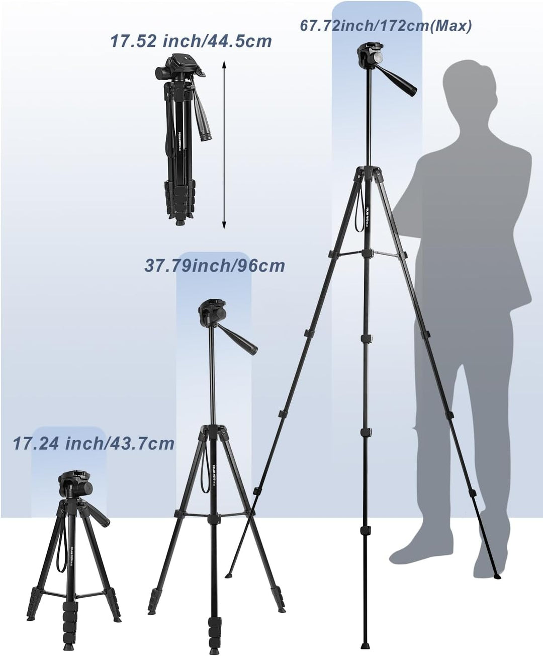 172 cm Leichtes Handy-Stativ, Aluminium-Stativ, Mit 3-Wege-Panoramakopf und Handyhalterung, Geeignet