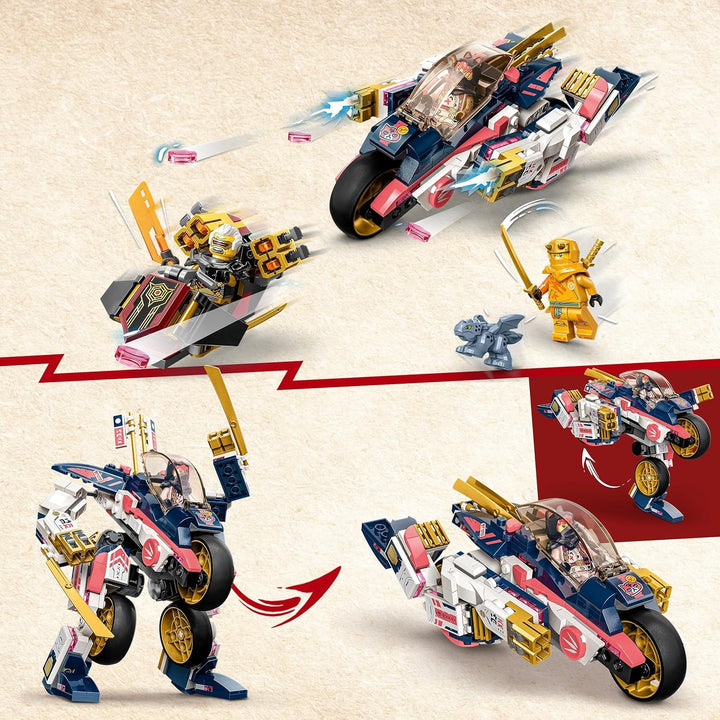 LEGO 71792 NINJAGO Soras transformierender Mech-Bike-Renner, 2in1 Set mit transformierender Mech-Act
