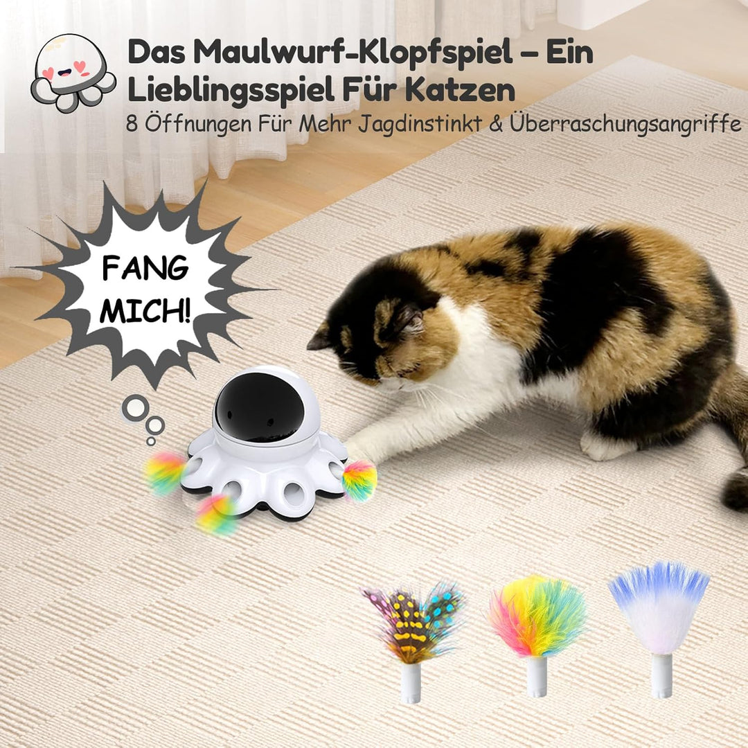 GoldenSun Katzenspielzeug, 2-in-1 Automatisches Katzenspielzeug, 8-Loch Whack-a-Mole & 360° Zufallsb