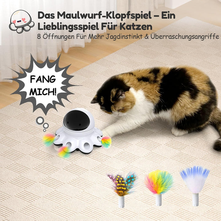 GoldenSun Katzenspielzeug, 2-in-1 Automatisches Katzenspielzeug, 8-Loch Whack-a-Mole & 360° Zufallsb