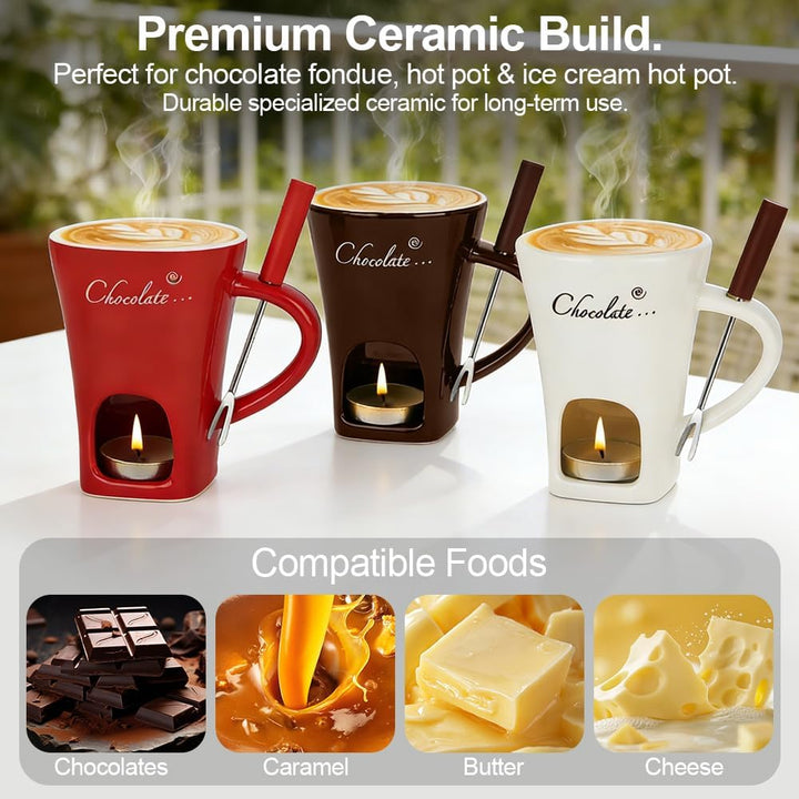 Vicloon Schokofondue Tasse, 130ml Keramik Schokoladenfondue Set mit Gabeln, Schokoladen Fondue Beche