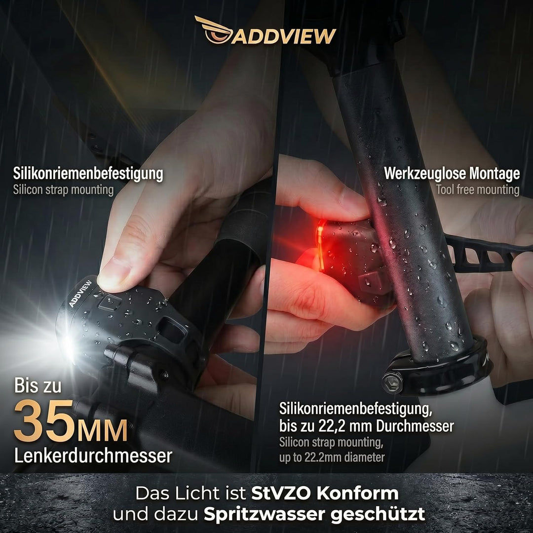 Fahrradleuchten-Set, StVZO-zugelassen Beleuchtungsset Led IP65 wasserdicht - Frontlicht + Rücklicht