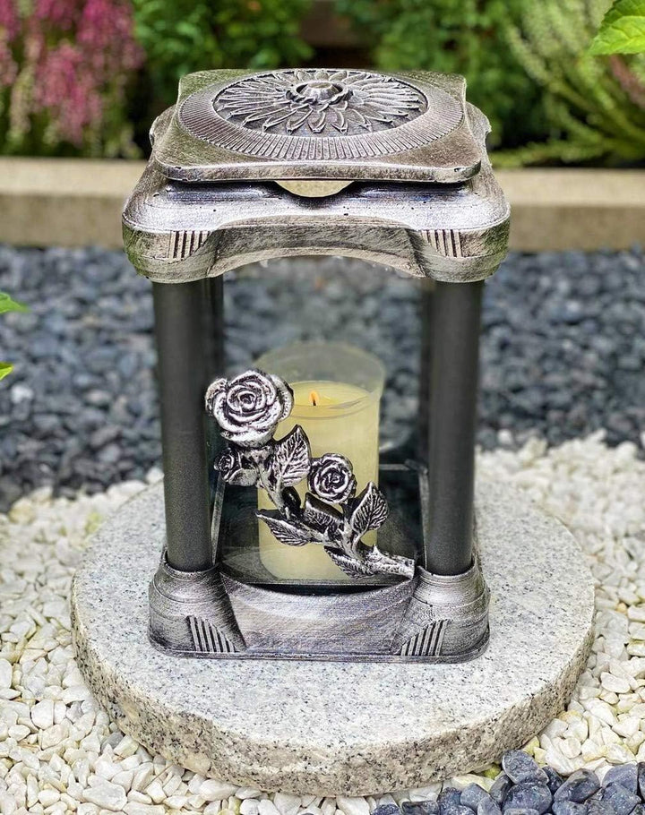 Grablampe Handmade NEU Rose-Motiv Silber Grablicht Grabkerze Grabdekoration Grabschmuck Gartenlampe