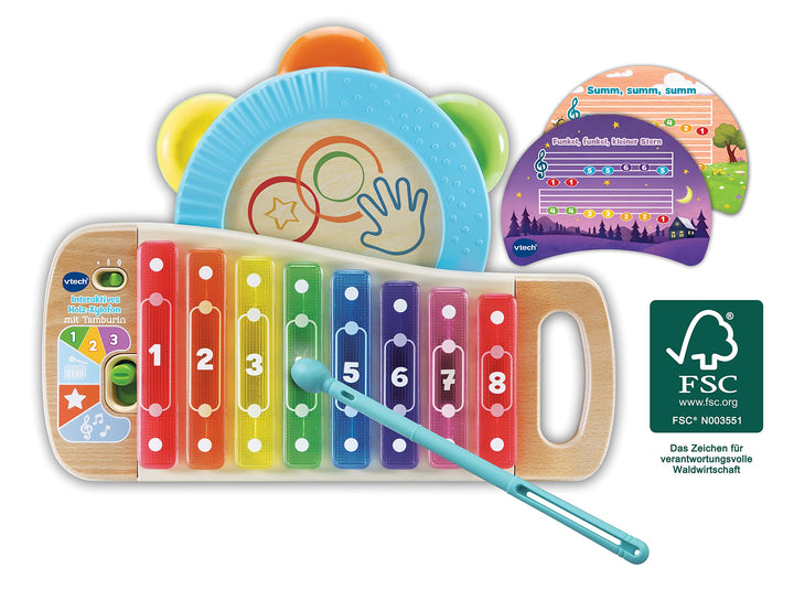 VTech Baby interaktives Holzxylophon mit Tamburin – leuchtendes Musikspielzeug aus 100 % FSC®-Holz –