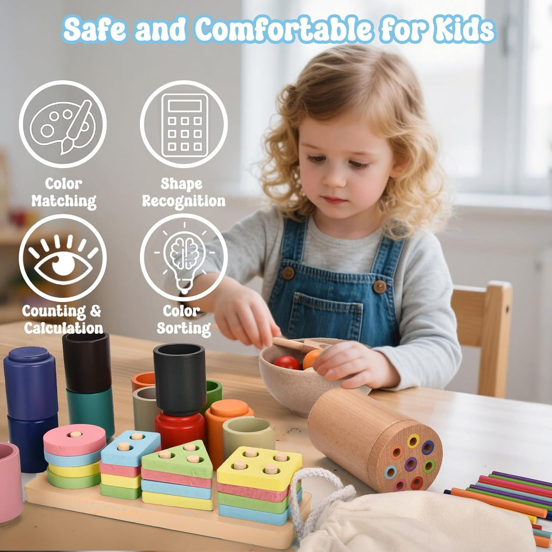 Montessori Spielzeug ab 1 2 3 Jahr, für Kinder 18 bis 36 Monate 3 in 1 Holzspielzeug Sortier & Stape