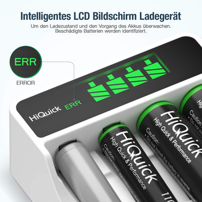 HiQuick Universal Akkuladegerät mit 8 AA Akkus, Ladegerät für NI-MH/NI-CD Mignon AA Micro AAA Akku,