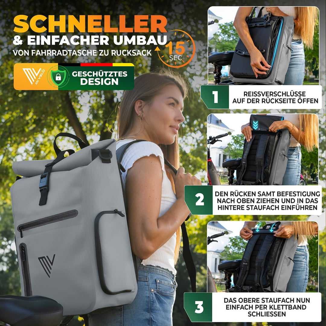 MIVELO 3in1 Fahrradtasche für Gepäckträger I Rucksack &amp; Gepäckträgertasche hinten - in 15 Sekunden u