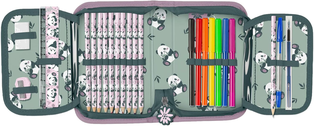 Panda Pandabär Bärchen, Federtasche Federmappe, 24 tlg. gefüllt für Kinder Jungen Mädchen, rose/grün