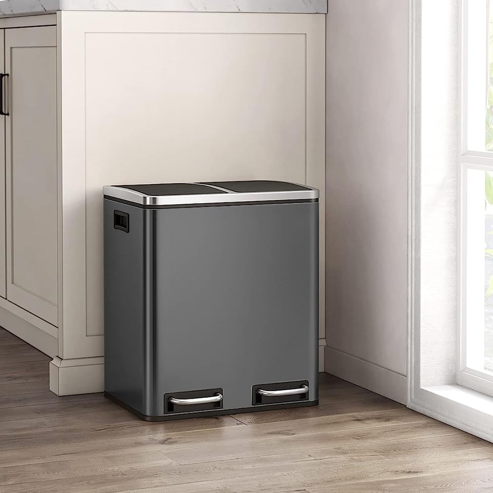 Panana Mülleimer, 2 x 15 L, 2 Fächer, Mülltrennsystem, Treteimer, Abfalleimer Küche, 15 Müllsäcke, a