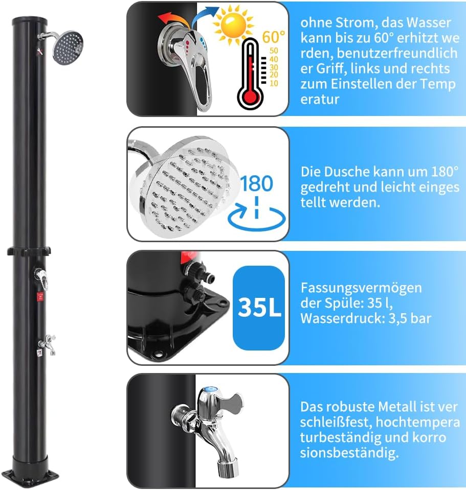 OHMG Solardusche, Gartendusche, Solar-Wassererhitzung, 35 l, verstellbarer Duschkopf, mit Kunststoff