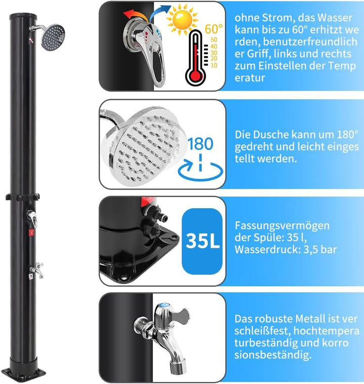 OHMG Solardusche, Gartendusche, Solar-Wassererhitzung, 35 l, verstellbarer Duschkopf, mit Kunststoff