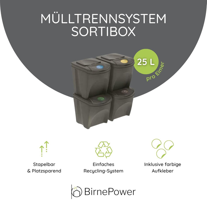 BirnePower Mülleimer Müllbehälter Abfalleimer 100L Set 4 x 25L Mülltrennsystem Behälter Sorti Box mi
