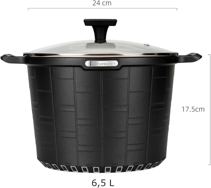 EliteHoff Kochtopf Induktion, Premium Topf 24cm 6.5 liter mit Glasdeckel, Suppentopf Aluminiumguss m