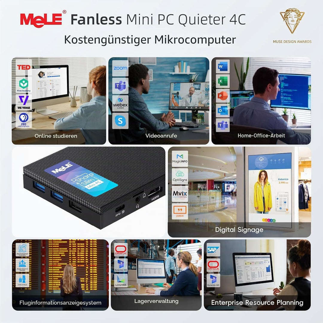 MeLE Mini PC Lüfterloser Quieter4C N150(4C/4T, bis zu 3.6Ghz) USB-C Display 16GB RAM 512GB Speicher