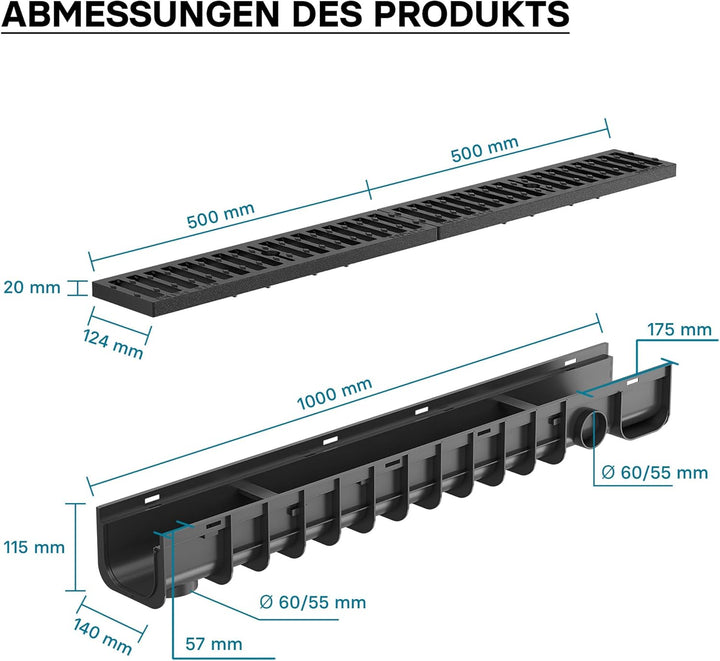 Wiltec Entwässerungsrinne 1 m mit Abdeckrost aus Gusseisen – 12,5 t Traglast – Ablaufrinne für Abwas
