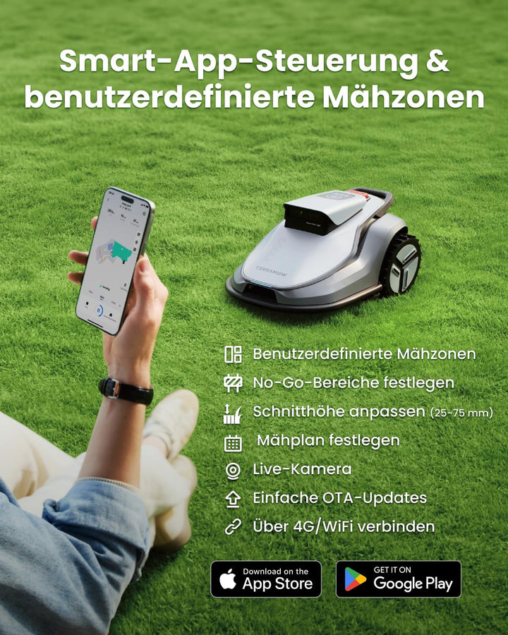 Terramow V1000 Mähroboter ohne Begrenzungskabel mit Garage, Tri-AI-Vision-Technologie ohne Draht-/RT