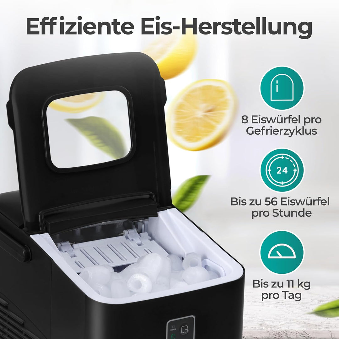 KLAMER Eiswürfelmaschine klein (2025), 8 Eiswürfel in 8 Minuten, 11 kg Eiswürfel pro Tag, 2 Eiswürfe