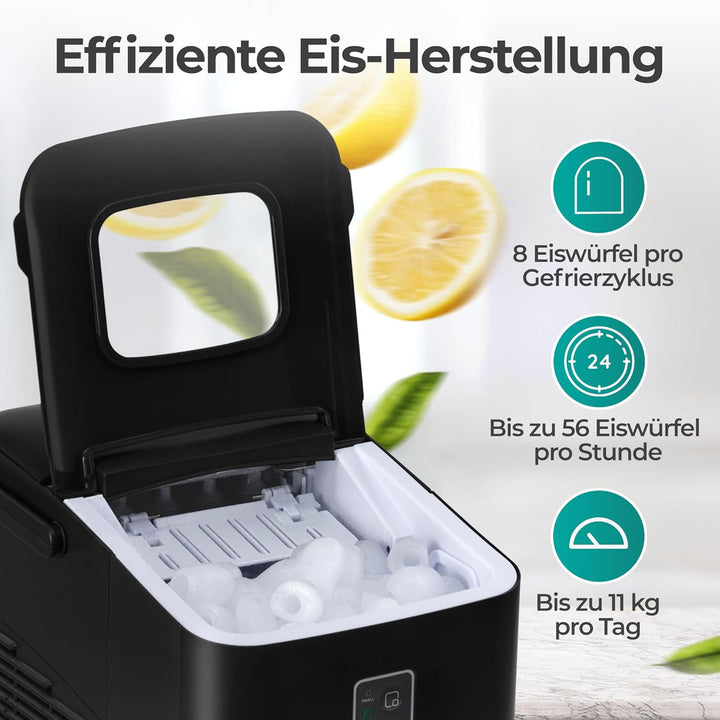KLAMER Eiswürfelmaschine klein (2025), 8 Eiswürfel in 8 Minuten, 11 kg Eiswürfel pro Tag, 2 Eiswürfe