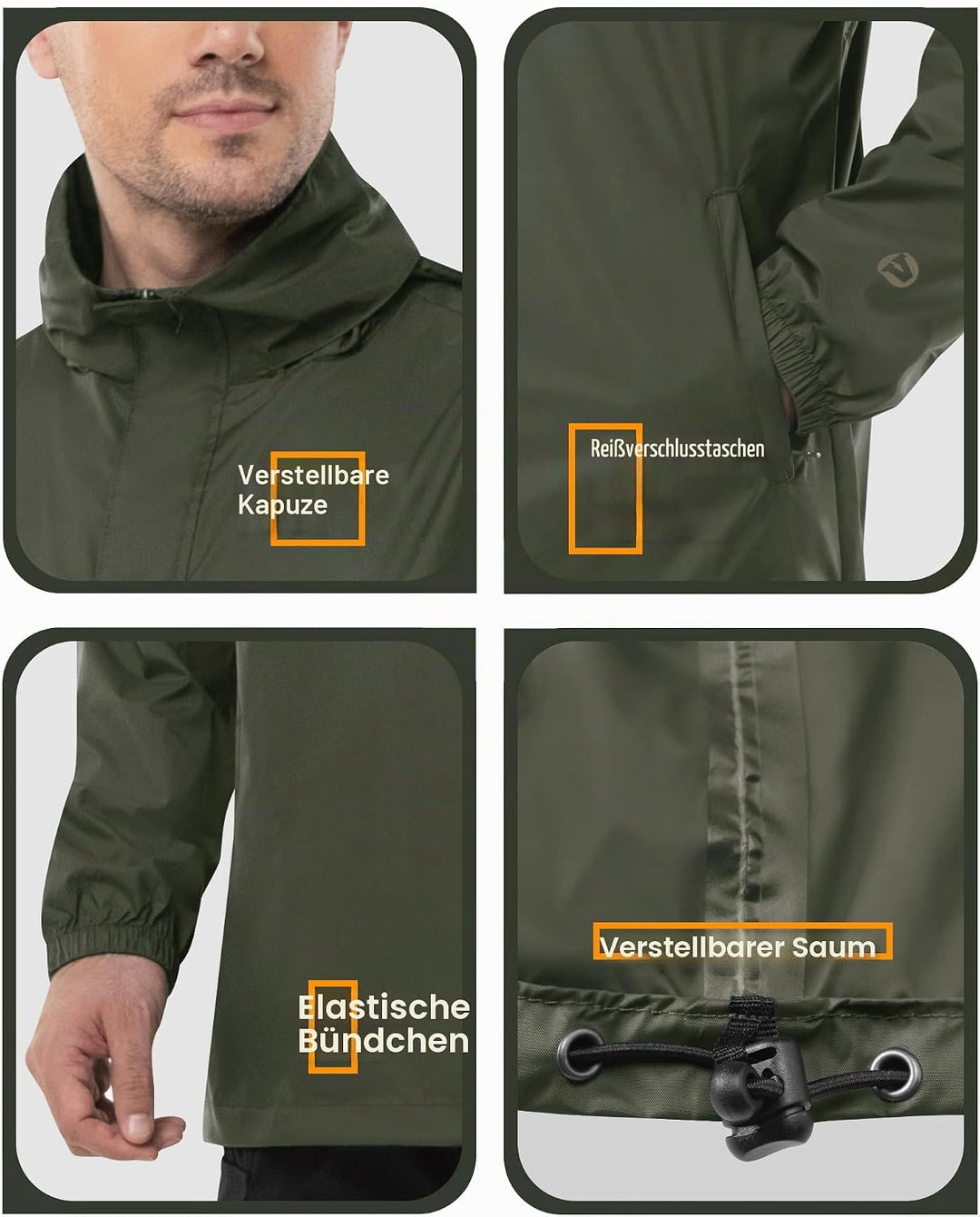 Outdoor Ventures Herren Regenjacke Wasserdichter Pullover mit Kapuze Packbare Reflektierende Jacke L
