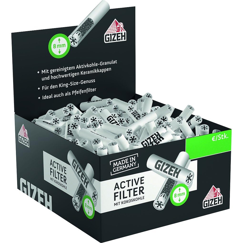Gizeh 20703 Active Filter-8 mm Aktivkohlefilter mit Keramikkappen-1 Box mit 200 Filtern-200er Greifb
