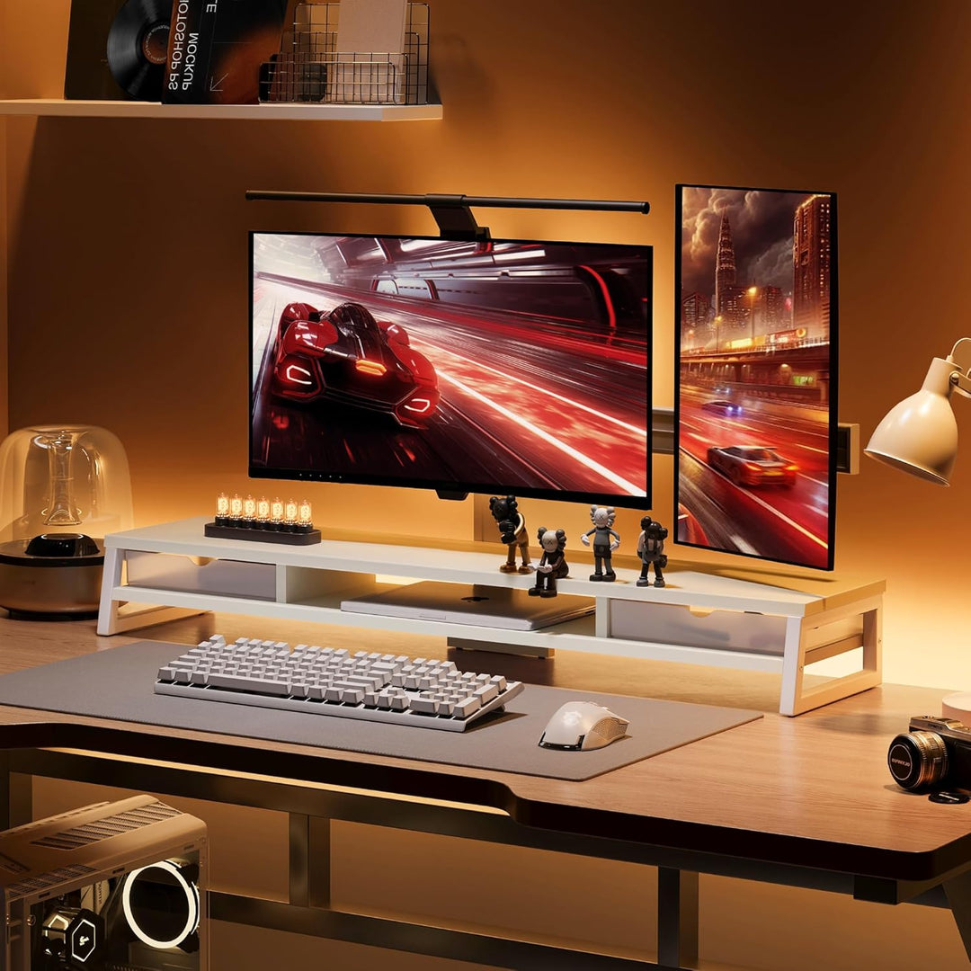Fenge Dual Monitorständer Riser mit 2 Acryl Schubladen 2 Etagen 108cm Computer Bildschirmständer für