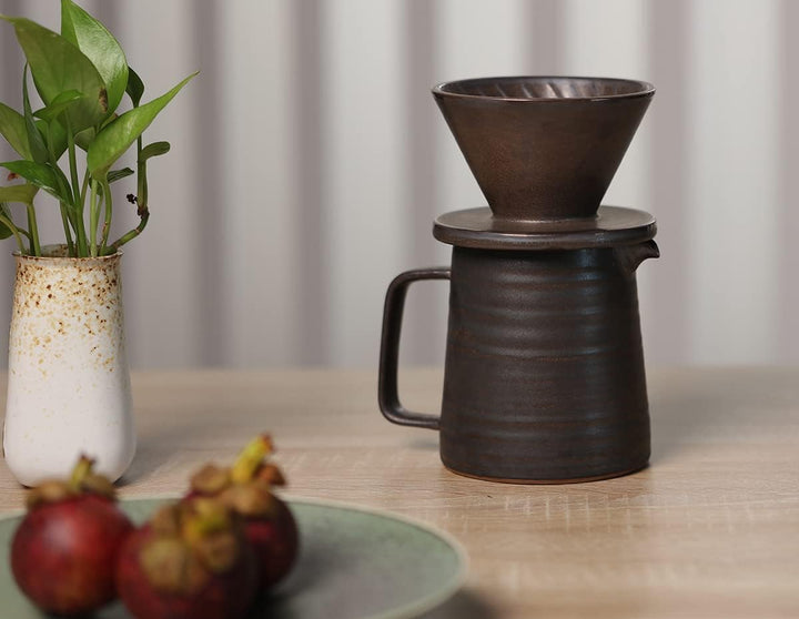 Handgefertigtes Kaffeebereiter-Set aus Steingut, Keramik-Kaffee-Brauer, Hand-Tropfer und Kaffeekanne