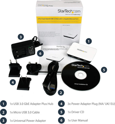 StarTech.com 3 Port USB 3.0 Hub mit Gigabit Ethernet - Powered USB3 mit Ethernet