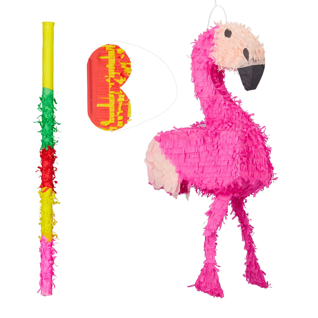 Relaxdays 3 TLG. Pinata Set Flamingo, mit Pinata Stab und Augenmaske, für Kinder, Geburtstag, zum se