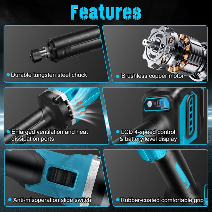 Akku Geradschleifer Kompatibel mit Makita 18V, Brushless Professional Stabschleifer mit 128PCS Zubeh