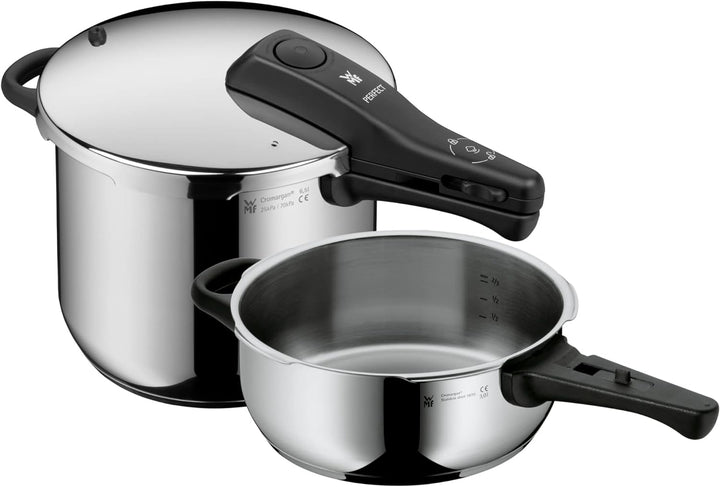 WMF Perfect Schnellkochtopf Set Induktion 2-teilig, Dampfkochtopf 6,5l + 3l, grosses Kochsignal, 2 K