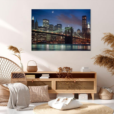 Bilder auf Leinwand 100x70cm Leinwandbild Brooklyn brücke nacht new york city Gross Wanddeko Bild Sc