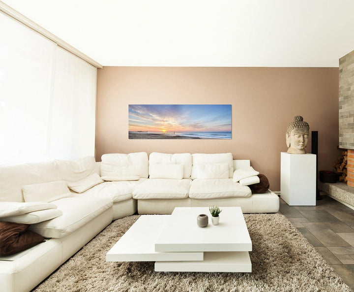 Paul Sinus Art Panoramabild auf Leinwand und Keilrahmen 150x50cm Meer Strand Fischerboot Sonnenaufga