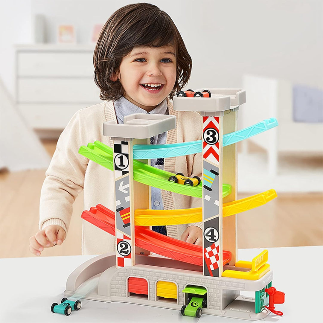 TOP BRIGHT Kugelbahn Autos Holz ab 1 2 Jahr, Auto Rennbahn Holz Spielzeug mit Garage, Holz Kinderspi