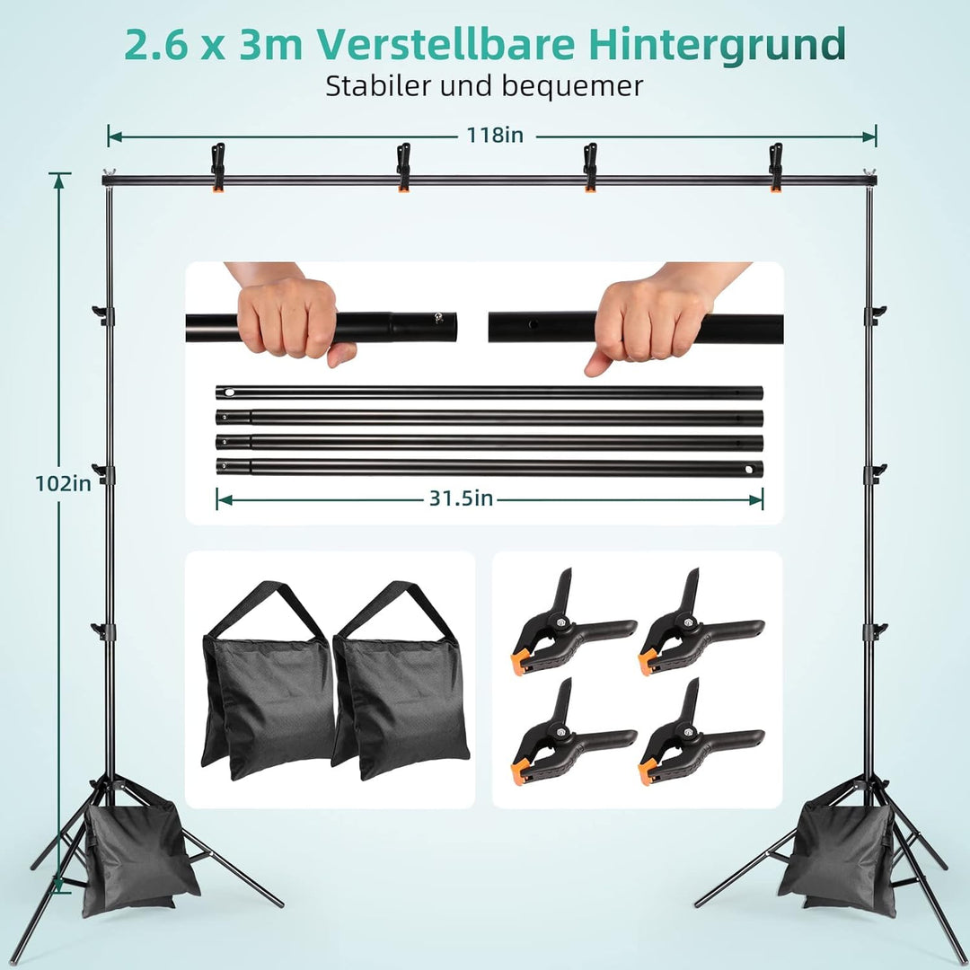 Softbox Fotostudio Set, FGen Baumwolle Greenscreen Set 2.6Mx3M Fotostudio Hintergrundsystem mit 135W