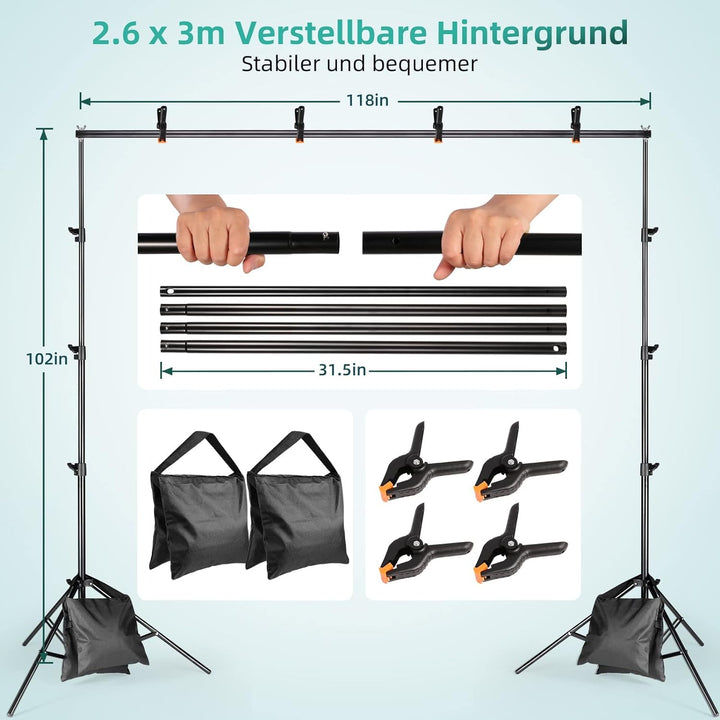 Softbox Fotostudio Set, FGen Baumwolle Greenscreen Set 2.6Mx3M Fotostudio Hintergrundsystem mit 135W