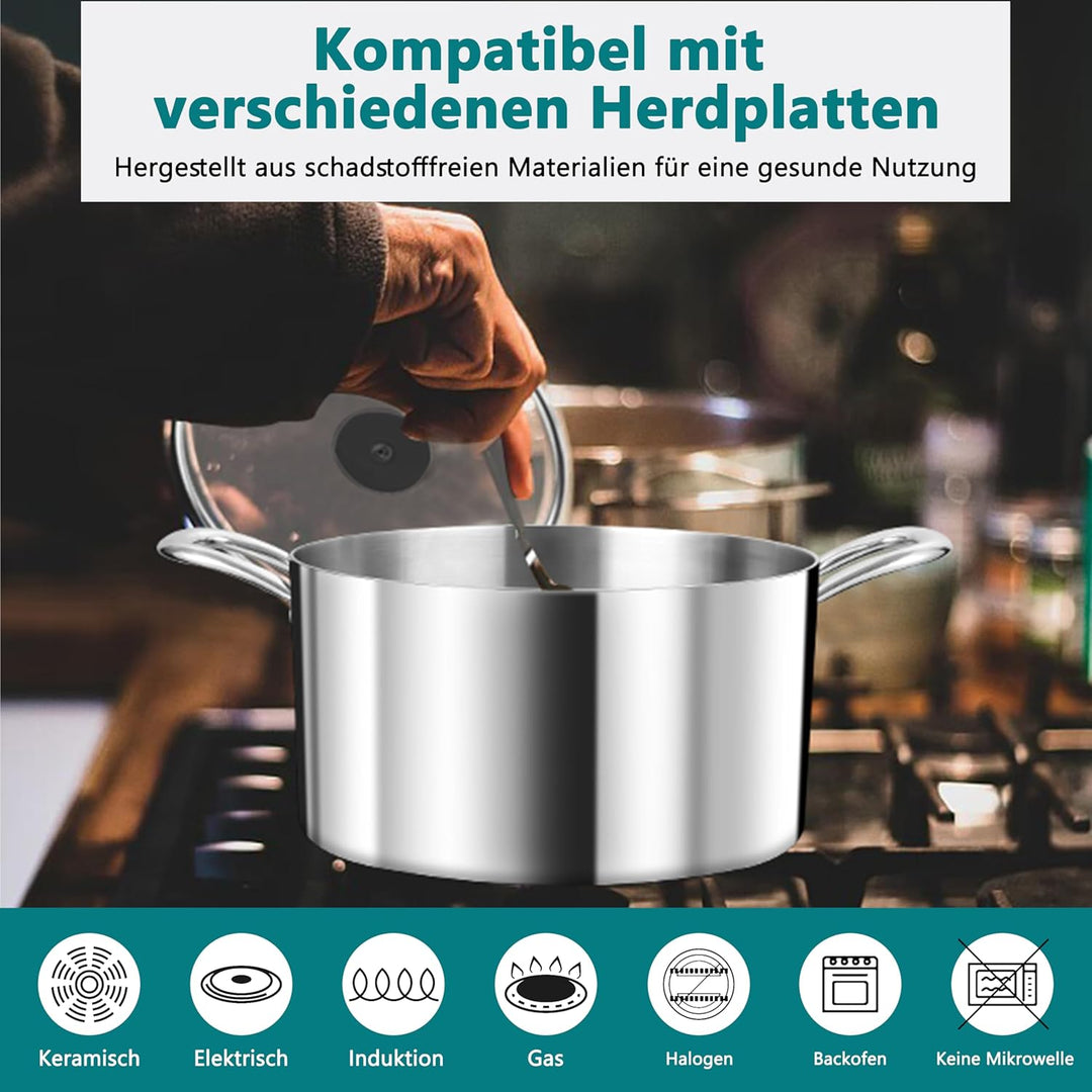 TEAMFAR Kochtopf, 20cm Topf Induktion aus 3-Lagen Edeastahl, 3,3L Nudeltopf Fleischtopf mit Glasdeck