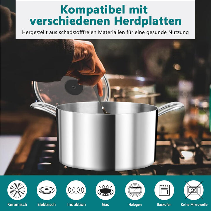 TEAMFAR Kochtopf, 20cm Topf Induktion aus 3-Lagen Edeastahl, 3,3L Nudeltopf Fleischtopf mit Glasdeck