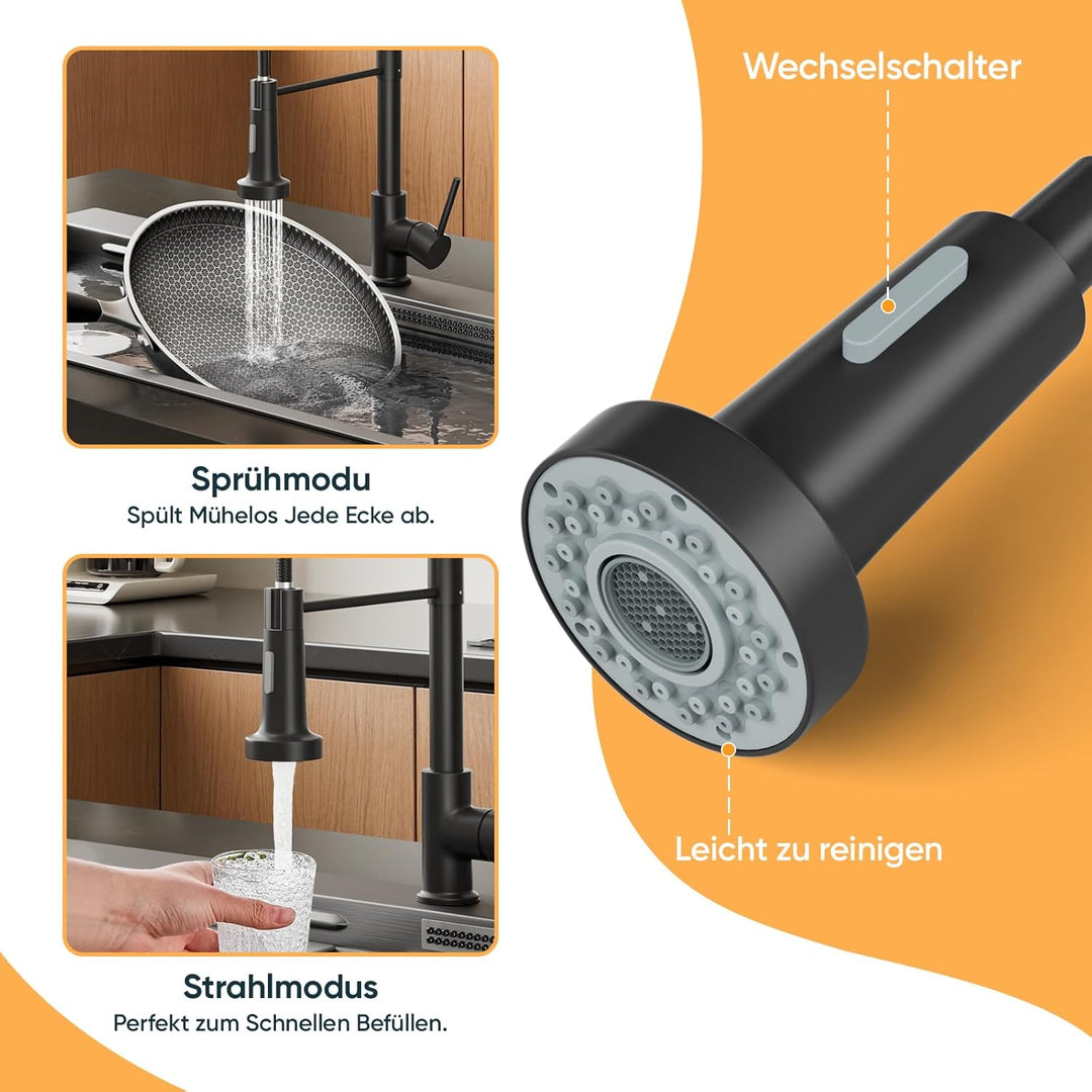 BESy Küchenarmatur Wasserhahn Schwarz Matt, Ausziehbar mit 2 Funktionen, Hochdruck Mischbatterie aus