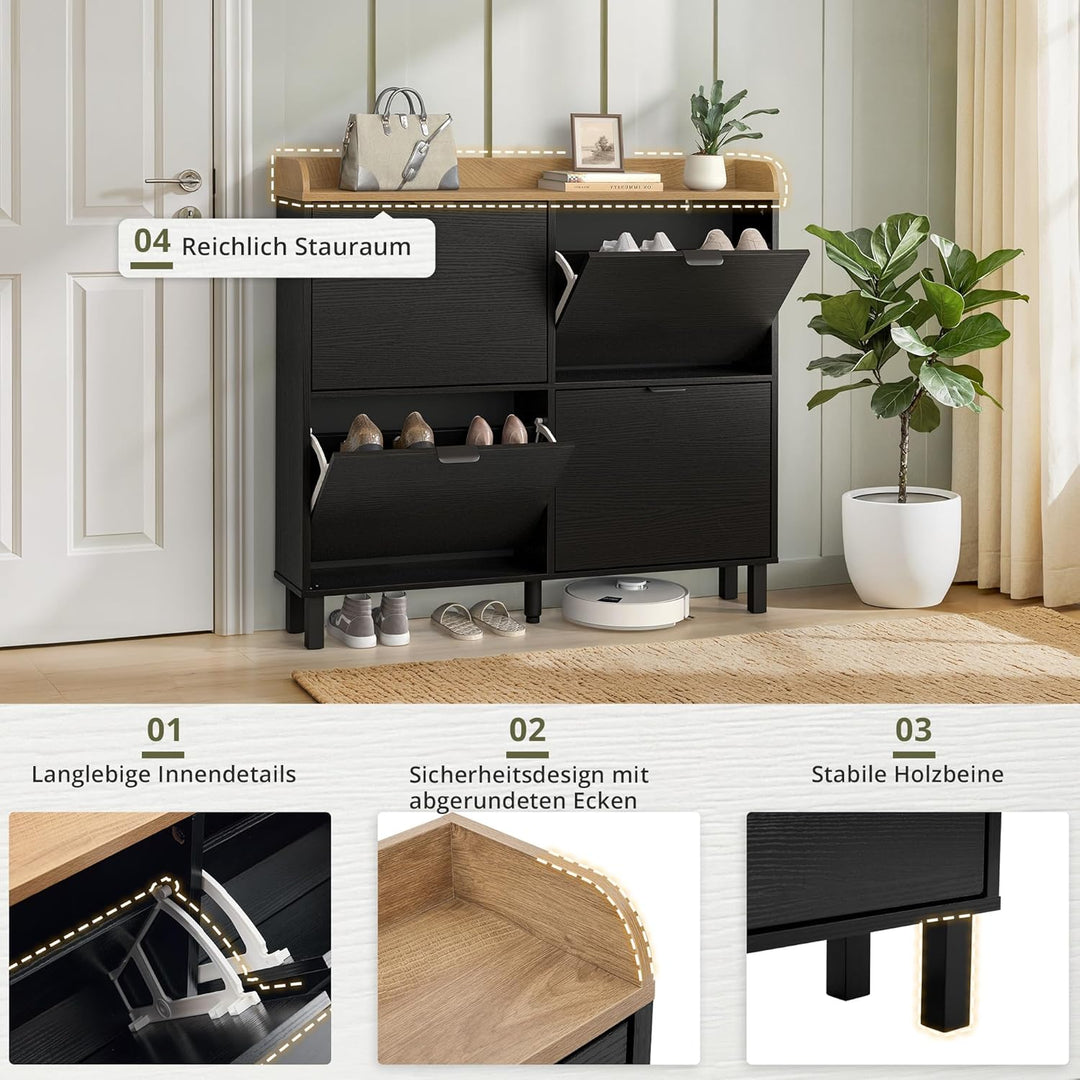 LUE BONA Schuhschrank schmal, Schuhschrank mit 4 Flip-Klappen, Schuhkipper mit Holzfüssen, Schuhrega