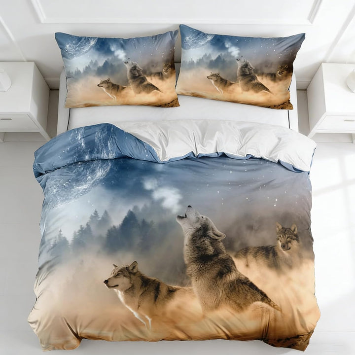 3D Wolf Theme Muster Bettbezug,3D Realistisches Tier Wolf Motiv Bettwäsche Set,Wolf-Motiv-Druck-Desi
