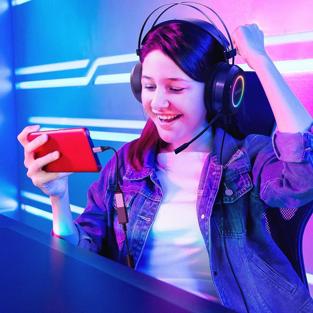 Y-YOPZI Gaming Headset, Headset mit Mikrofon 3D Surround Sound Headphones Noise Cancelling RGB Light